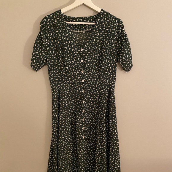Floral Print V Neck Button Front Short Sleeve Split A Line Midi Dress Green - Picture 4 of 5